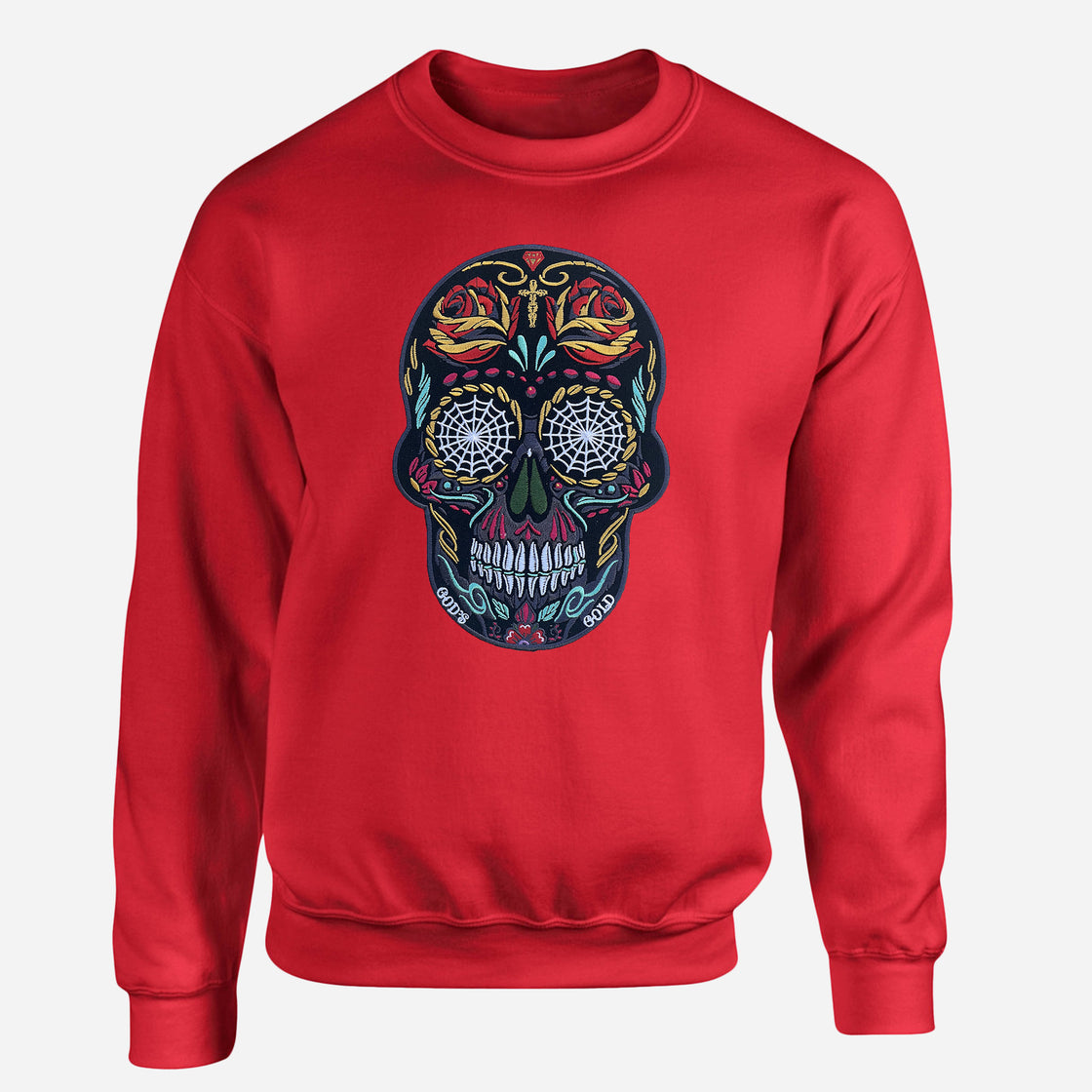 God's Gold Skull Dia de los Muertos Red Crew Neck Sweater